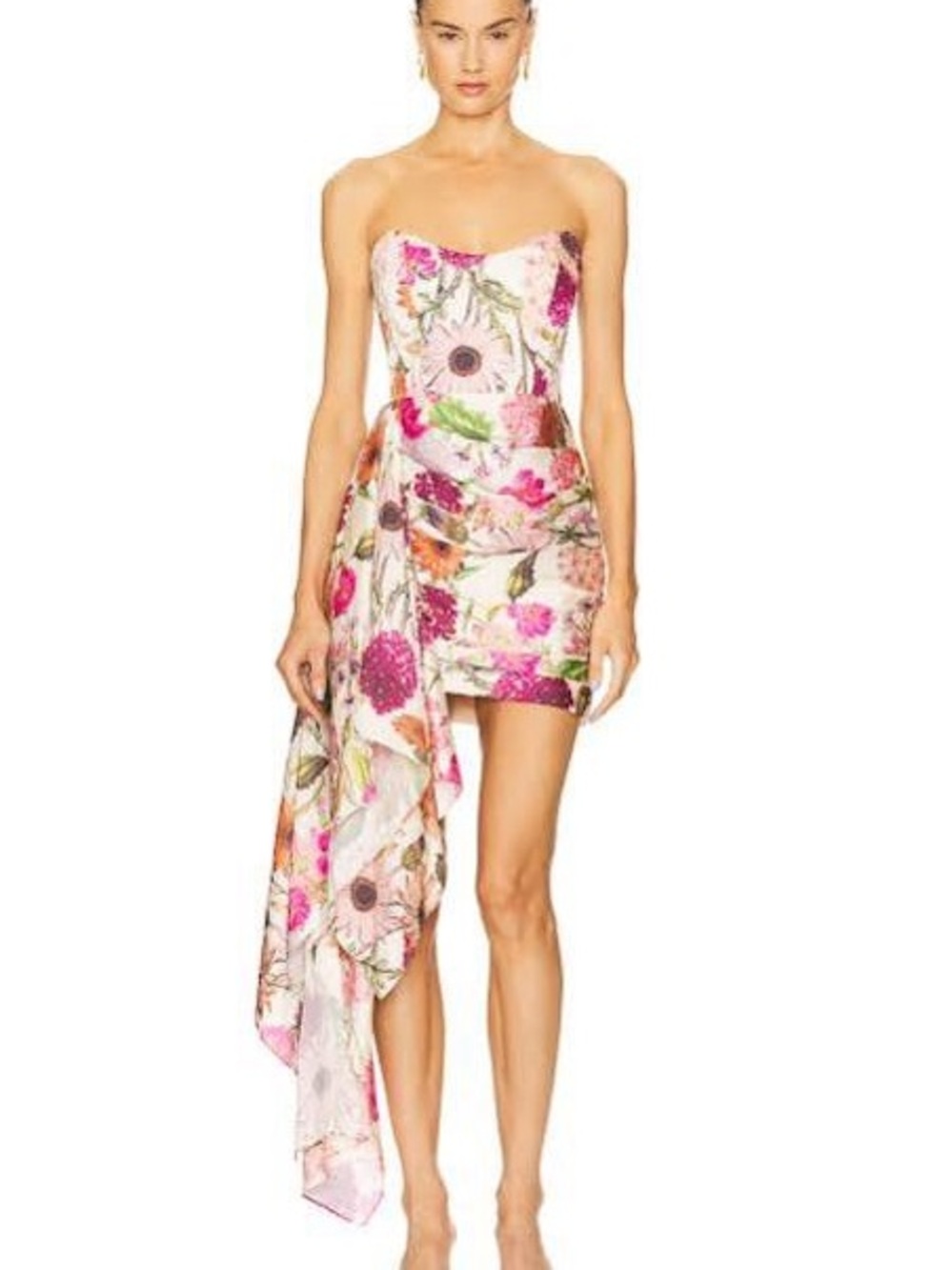 Katie May Floral One-Shoulder Asymmetric Mini Dress in Pink and Green